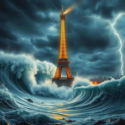 A dramatic scene depicting the Eiffel Tower in the midst of a massive tsunami