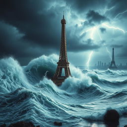 A dramatic scene depicting the Eiffel Tower in the midst of a massive tsunami