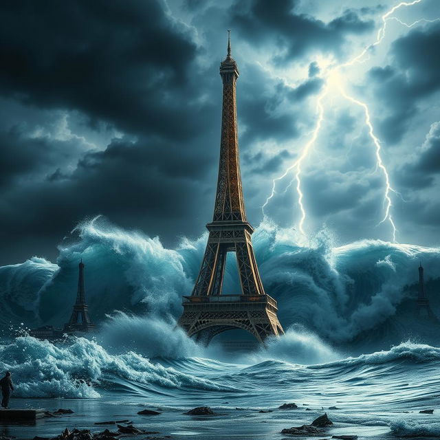 A dramatic scene depicting the Eiffel Tower in the midst of a massive tsunami