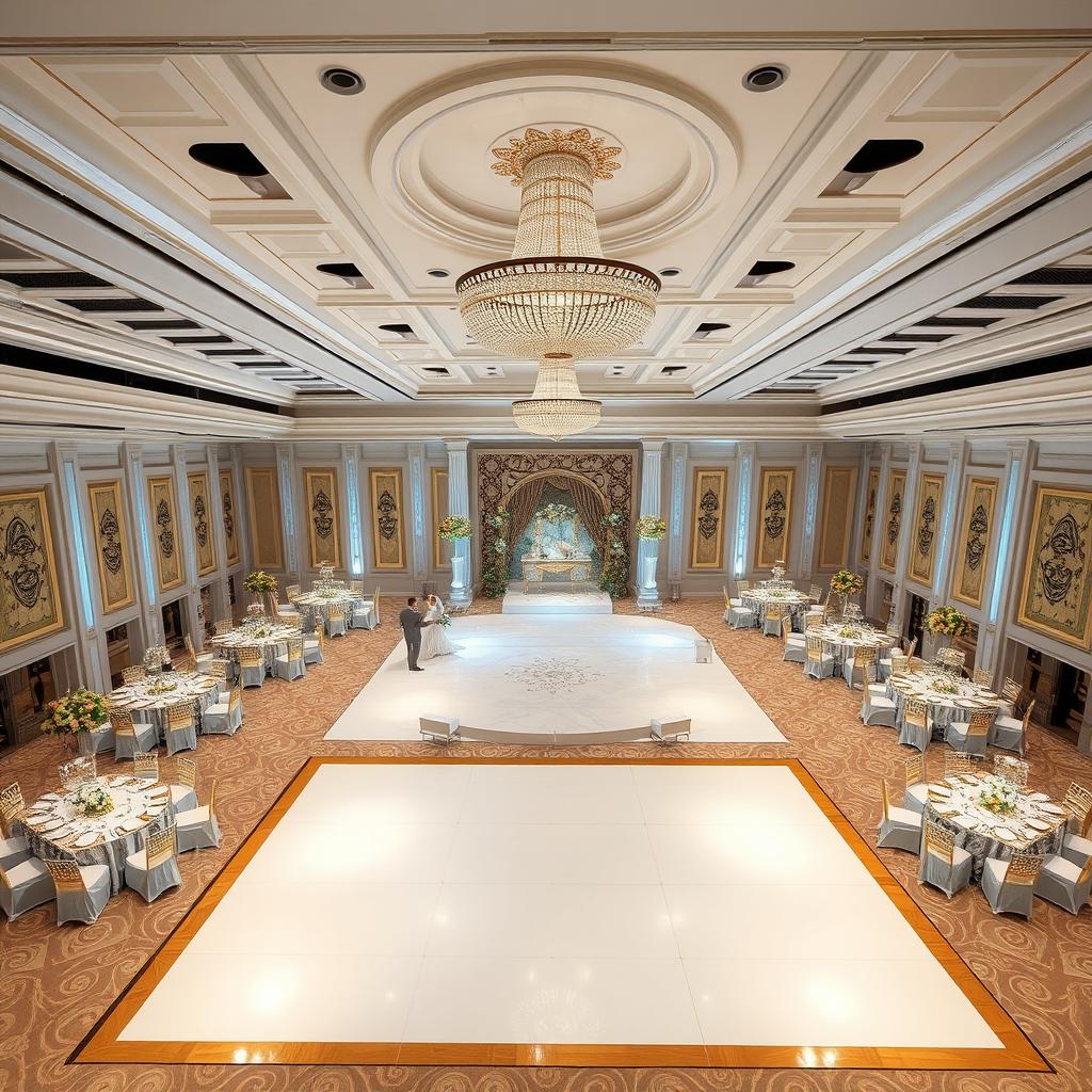 A luxurious wedding hall designed for a perfect celebration, measuring 24 meters in width, 16 meters in length, and 5 meters in height