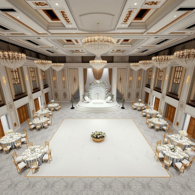 A luxurious wedding hall designed for a perfect celebration, measuring 24 meters in width, 16 meters in length, and 5 meters in height