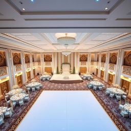 A luxurious wedding hall designed for a perfect celebration, measuring 24 meters in width, 16 meters in length, and 5 meters in height