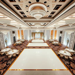 A luxurious wedding hall designed for a perfect celebration, measuring 24 meters in width, 16 meters in length, and 5 meters in height