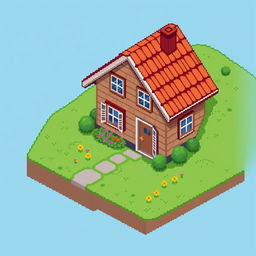 A detailed isometric pixel art representation of a cozy house, featuring a sloped roof, two windows with shutters, a door at the front, and a small chimney