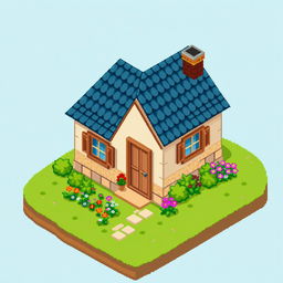 A detailed isometric pixel art representation of a cozy house, featuring a sloped roof, two windows with shutters, a door at the front, and a small chimney