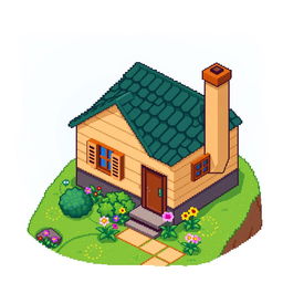 A detailed isometric pixel art representation of a cozy house, featuring a sloped roof, two windows with shutters, a door at the front, and a small chimney