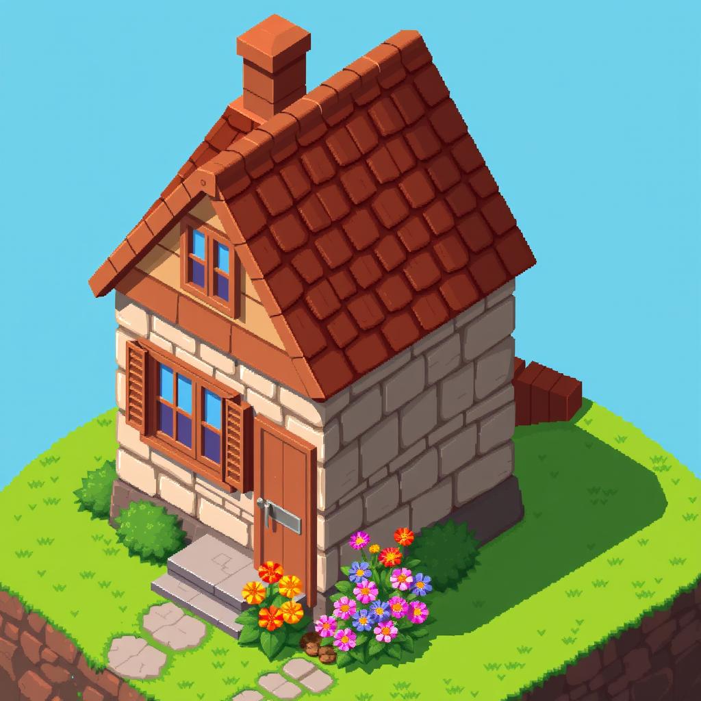 A detailed isometric pixel art representation of a cozy house, featuring a sloped roof, two windows with shutters, a door at the front, and a small chimney