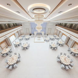 A luxurious wedding hall interior with dimensions of 24 meters wide, 16 meters long, and a ceiling height of 5 meters, showcasing an opulent atmosphere