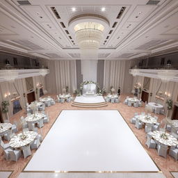 A luxurious wedding hall interior with dimensions of 24 meters wide, 16 meters long, and a ceiling height of 5 meters, showcasing an opulent atmosphere