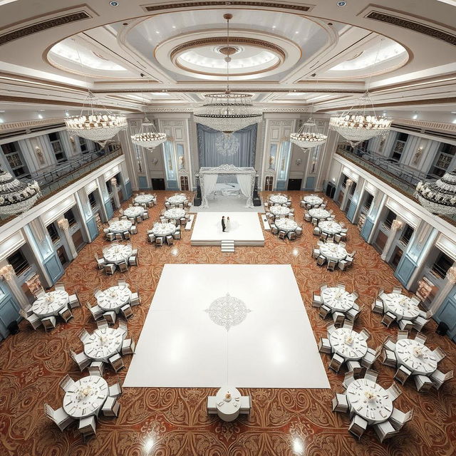 A luxurious wedding hall interior with dimensions of 24 meters wide, 16 meters long, and a ceiling height of 5 meters, showcasing an opulent atmosphere