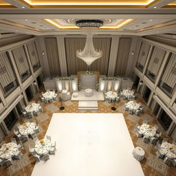 A luxurious wedding hall interior with dimensions of 24 meters wide, 16 meters long, and a ceiling height of 5 meters, showcasing an opulent atmosphere