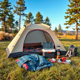 A beautifully arranged display of camping gear laid out on a grassy campsite