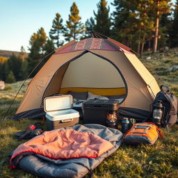 A beautifully arranged display of camping gear laid out on a grassy campsite
