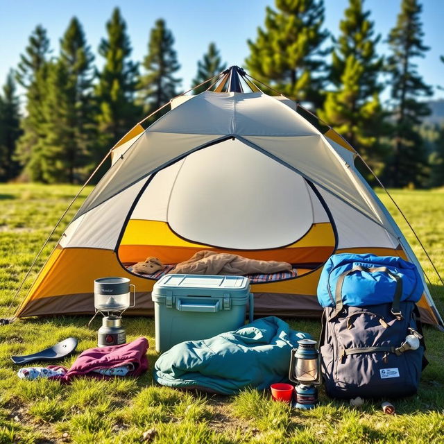 A beautifully arranged display of camping gear laid out on a grassy campsite