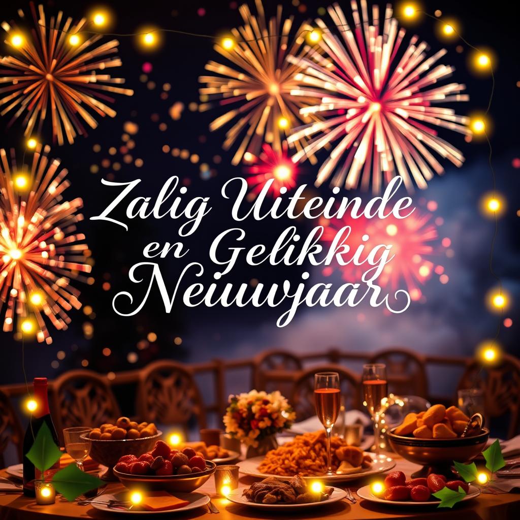 A festive and cheerful design featuring the text 'Zalig Uiteinde en Gelukkig Nieuwjaar' in elegant calligraphy