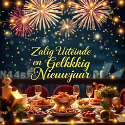 A festive and cheerful design featuring the text 'Zalig Uiteinde en Gelukkig Nieuwjaar' in elegant calligraphy