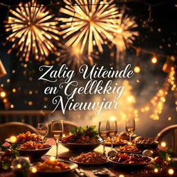 A festive and cheerful design featuring the text 'Zalig Uiteinde en Gelukkig Nieuwjaar' in elegant calligraphy