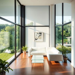 A modern room with three glass walls, providing a panoramic view of a lush green landscape