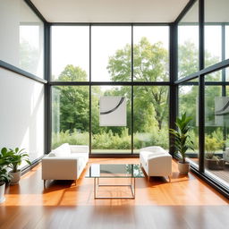 A modern room with three glass walls, providing a panoramic view of a lush green landscape