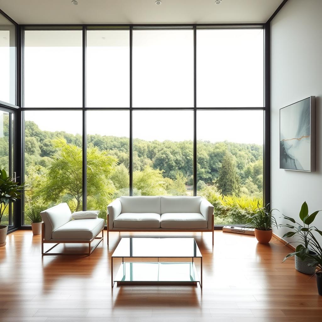 A modern room with three glass walls, providing a panoramic view of a lush green landscape