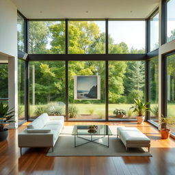 A modern room with three glass walls, providing a panoramic view of a lush green landscape