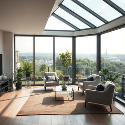 A modern room with three glass walls, beautifully designed with minimalistic furniture and elegant decor
