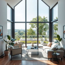 A modern room with three glass walls, beautifully designed with minimalistic furniture and elegant decor