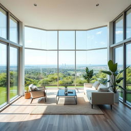 A modern room with three glass walls, beautifully designed with minimalistic furniture and elegant decor