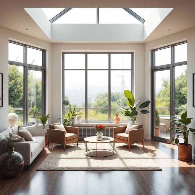 A modern room with three glass walls, beautifully designed with minimalistic furniture and elegant decor