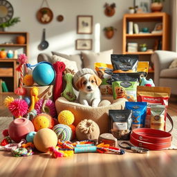 A beautifully arranged display of various pet products, including colorful pet toys like balls and ropes, comfortable pet beds, stylish collars and leashes, nutritious pet food, and grooming supplies