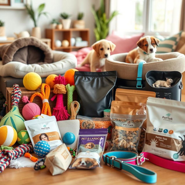 A beautifully arranged display of various pet products, including colorful pet toys like balls and ropes, comfortable pet beds, stylish collars and leashes, nutritious pet food, and grooming supplies