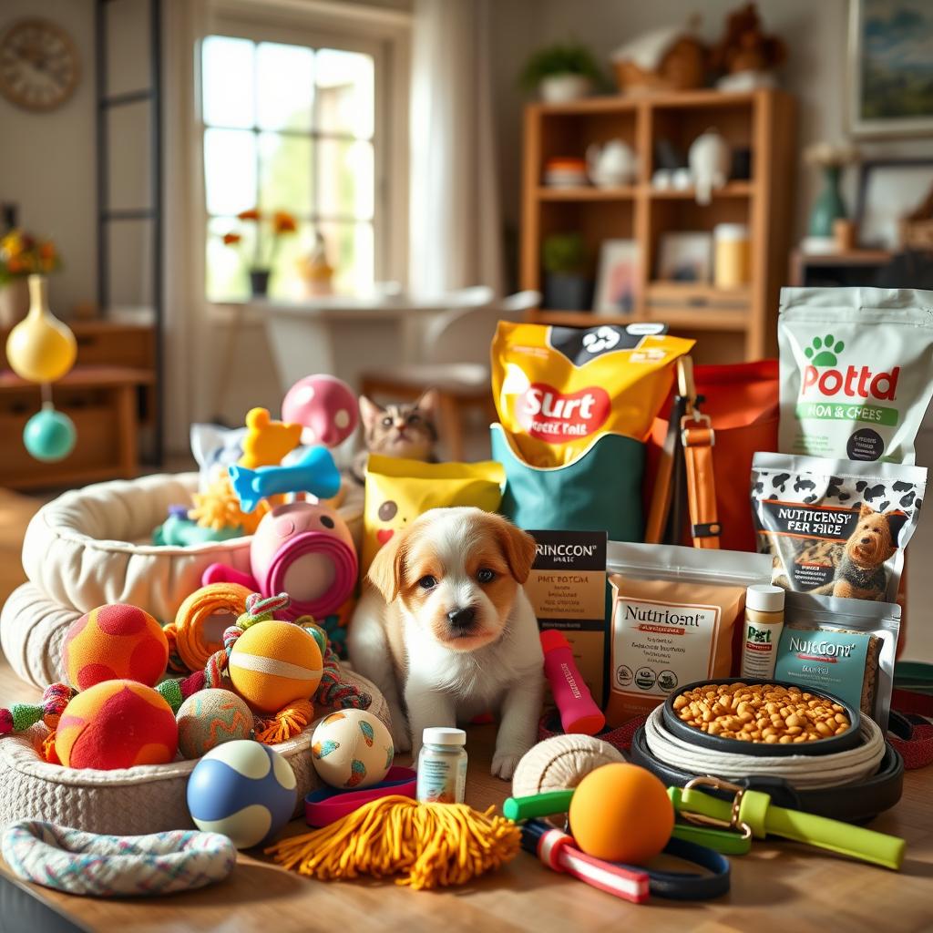 A beautifully arranged display of various pet products, including colorful pet toys like balls and ropes, comfortable pet beds, stylish collars and leashes, nutritious pet food, and grooming supplies