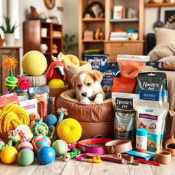 A beautifully arranged display of various pet products, including colorful pet toys like balls and ropes, comfortable pet beds, stylish collars and leashes, nutritious pet food, and grooming supplies