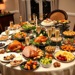 A beautifully arranged New Year's Eve feast table filled with an abundance of delicious foods