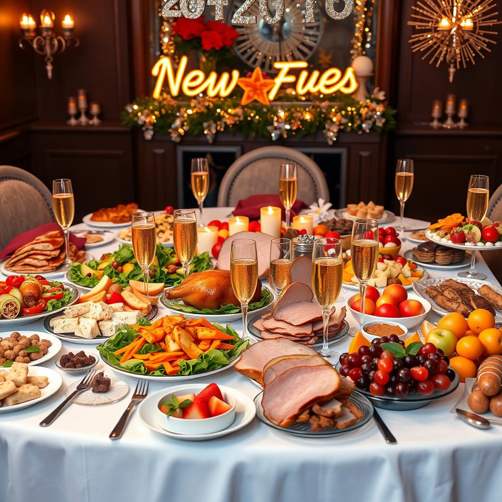 A beautifully arranged New Year's Eve feast table filled with an abundance of delicious foods