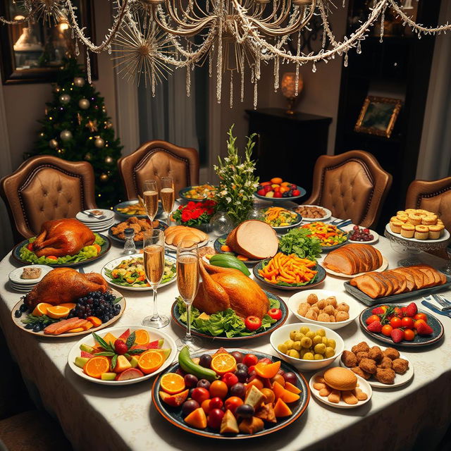 A beautifully arranged New Year's Eve feast table filled with an abundance of delicious foods