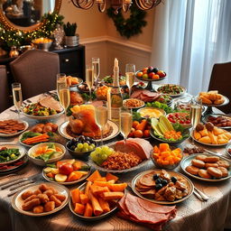 A beautifully arranged New Year's Eve feast table filled with an abundance of delicious foods