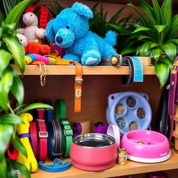 A vibrant and colorful display of various pet products, including toys, collars, leashes, and bowls, arranged aesthetically on a wooden shelf