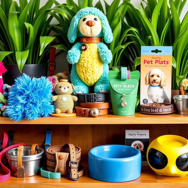 A vibrant and colorful display of various pet products, including toys, collars, leashes, and bowls, arranged aesthetically on a wooden shelf