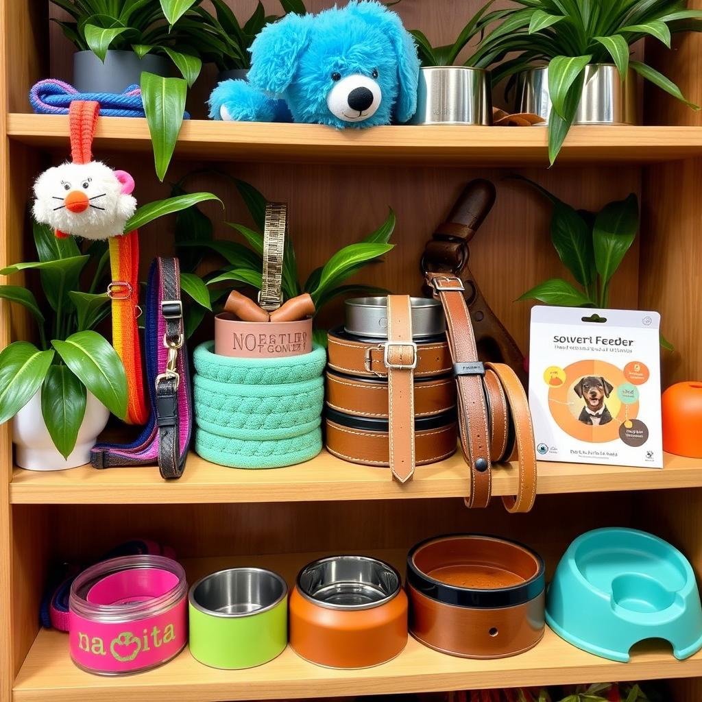 A vibrant and colorful display of various pet products, including toys, collars, leashes, and bowls, arranged aesthetically on a wooden shelf