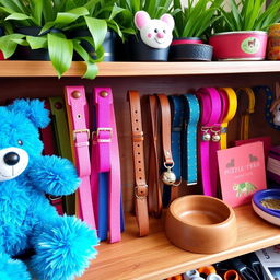 A vibrant and colorful display of various pet products, including toys, collars, leashes, and bowls, arranged aesthetically on a wooden shelf