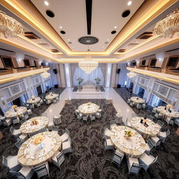 A beautifully designed wedding hall featuring a spacious area of 384 square meters, with dimensions of 24 meters in width, 16 meters in length, and a 5 meter high ceiling