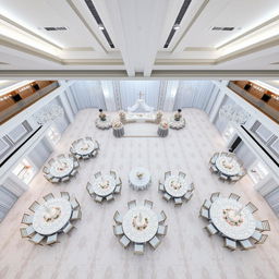 A beautifully designed wedding hall featuring a spacious area of 384 square meters, with dimensions of 24 meters in width, 16 meters in length, and a 5 meter high ceiling