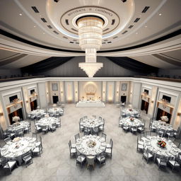 A beautifully designed wedding hall featuring a spacious area of 384 square meters, with dimensions of 24 meters in width, 16 meters in length, and a 5 meter high ceiling
