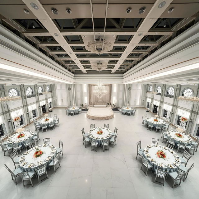 A beautifully designed wedding hall featuring a spacious area of 384 square meters, with dimensions of 24 meters in width, 16 meters in length, and a 5 meter high ceiling