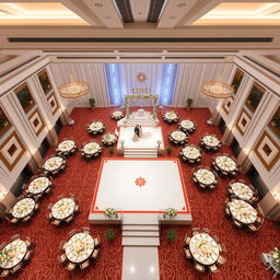 A luxurious wedding hall, dimensions: width 24 meters, length 16 meters, height 5 meters
