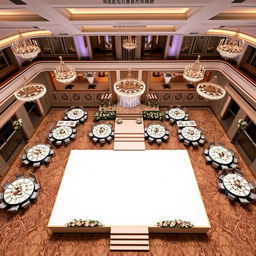 A luxurious wedding hall, dimensions: width 24 meters, length 16 meters, height 5 meters