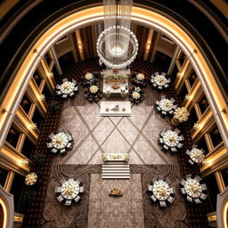 A luxurious wedding hall, dimensions: width 24 meters, length 16 meters, height 5 meters