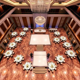 A luxurious wedding hall, dimensions: width 24 meters, length 16 meters, height 5 meters