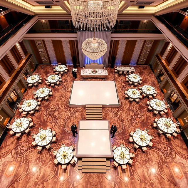 A luxurious wedding hall, dimensions: width 24 meters, length 16 meters, height 5 meters